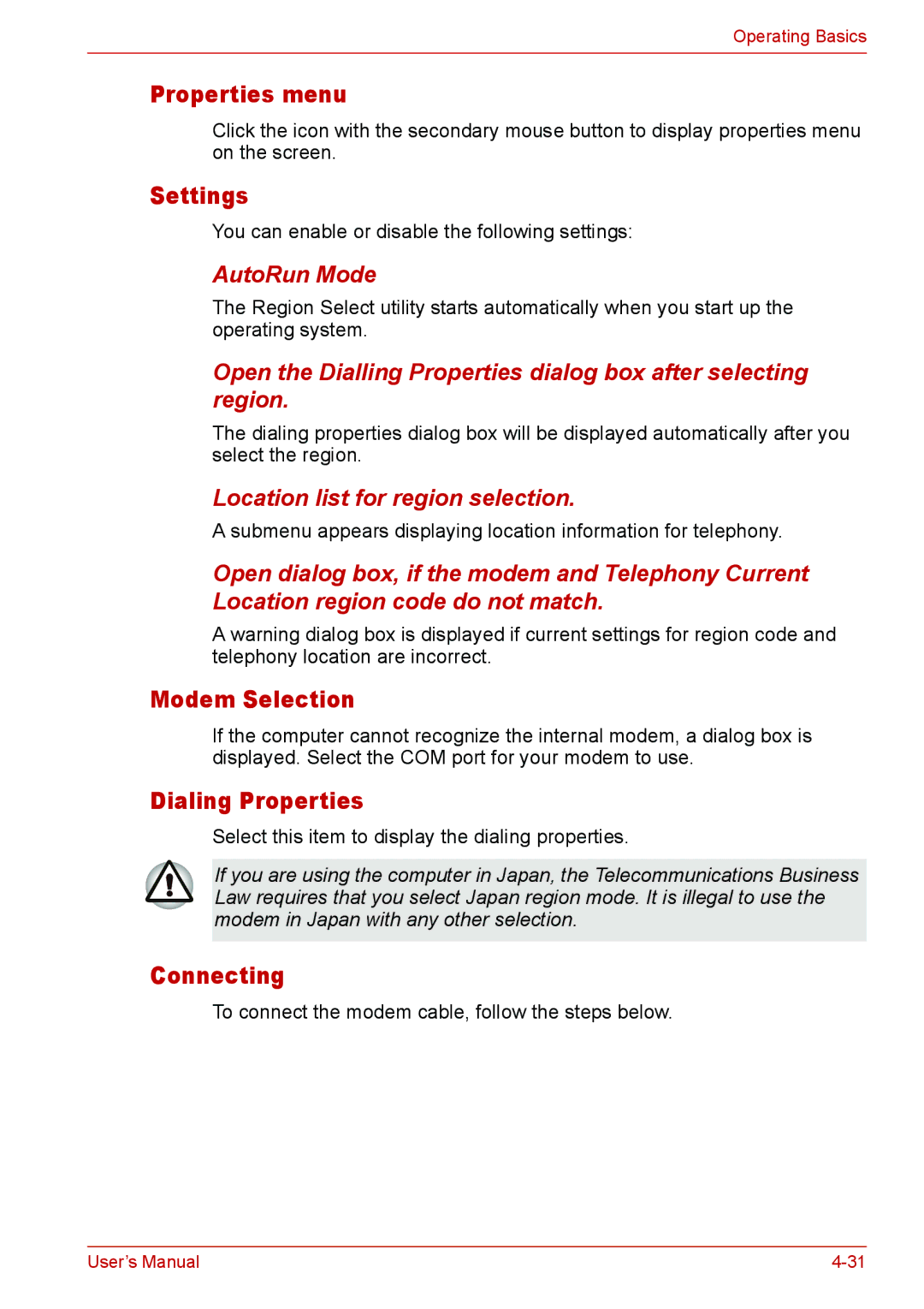 Toshiba U400 user manual Properties menu, Settings, Modem Selection, Dialing Properties, Connecting 