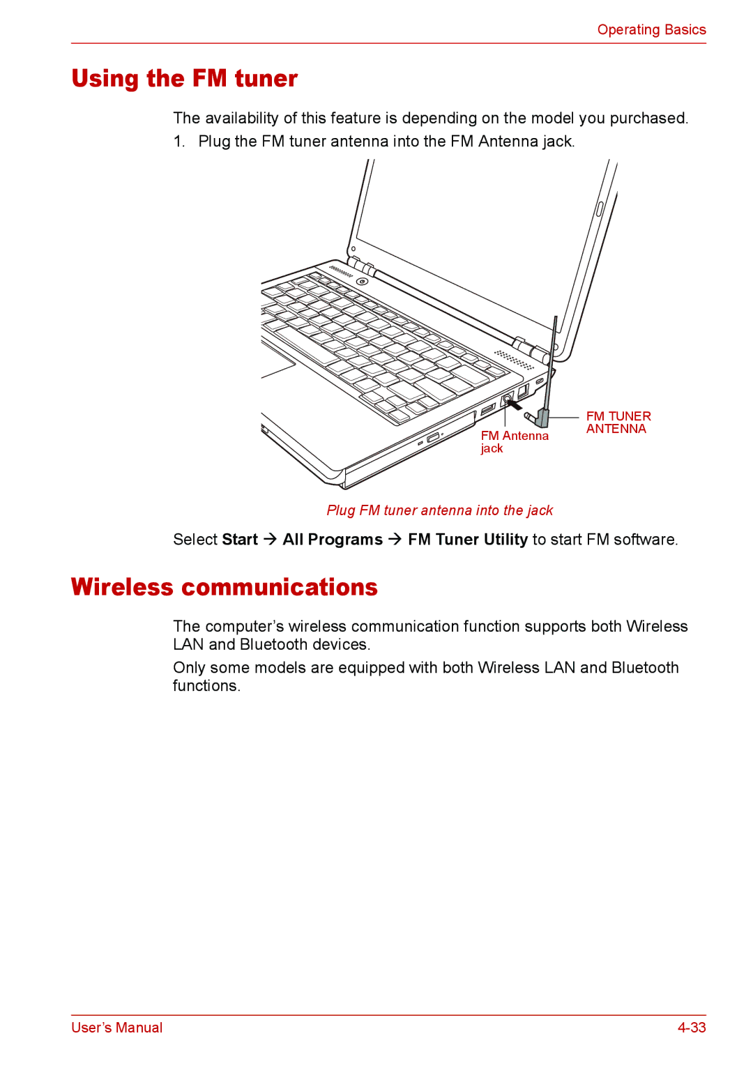 Toshiba U400 user manual Using the FM tuner, Wireless communications 