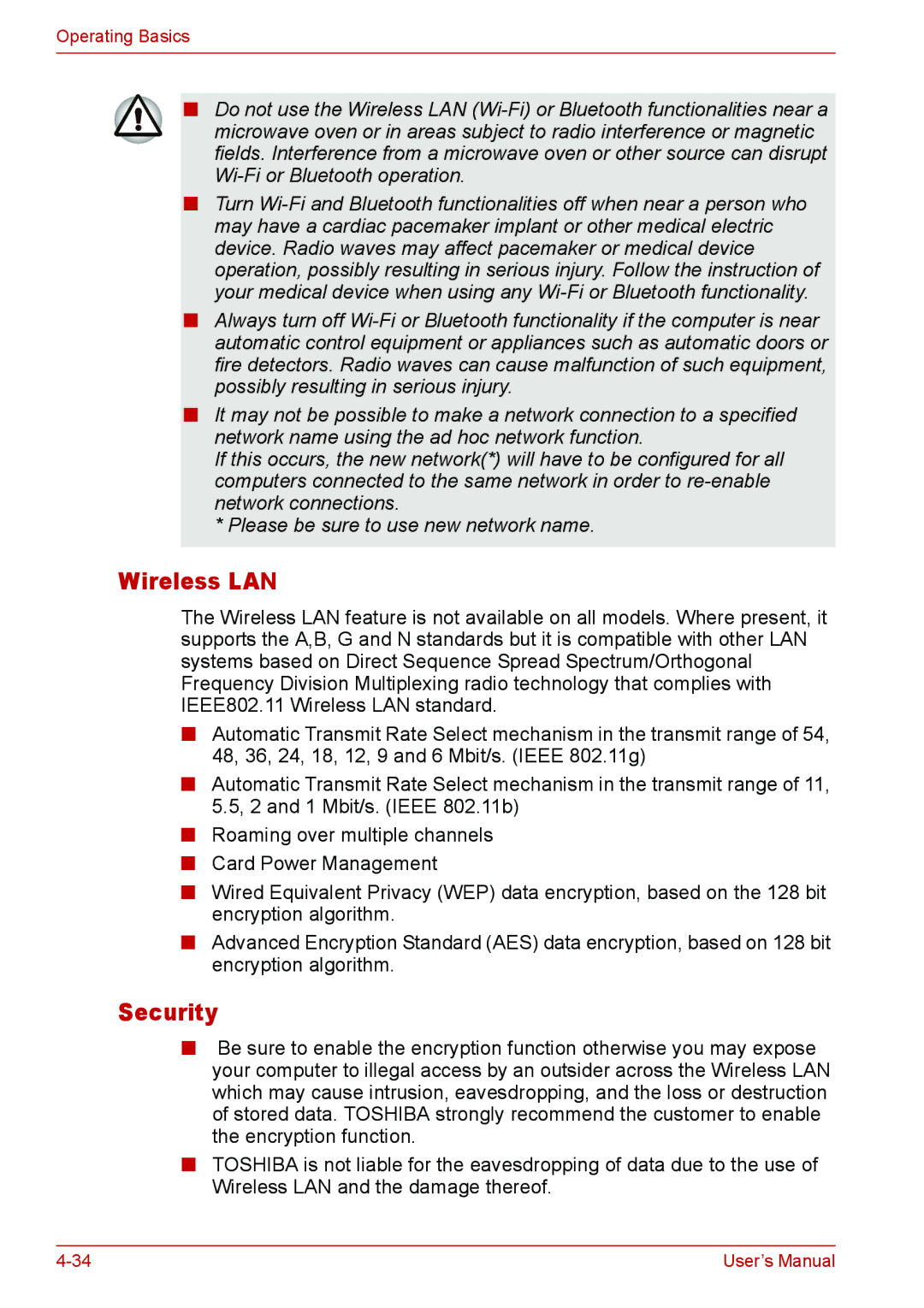 Toshiba U400 user manual Wireless LAN, Security 