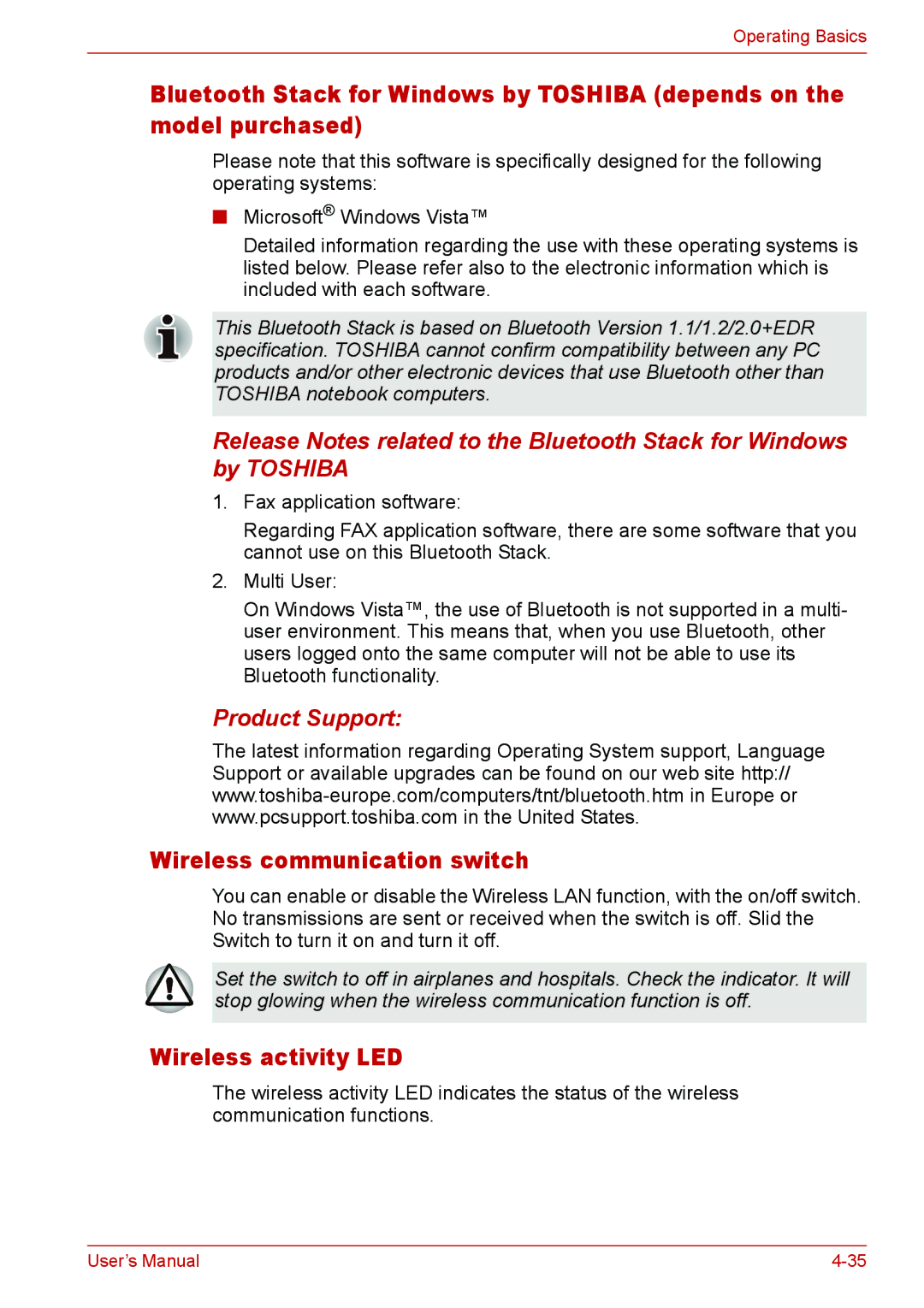 Toshiba U400 user manual Wireless communication switch, Wireless activity LED, Product Support 