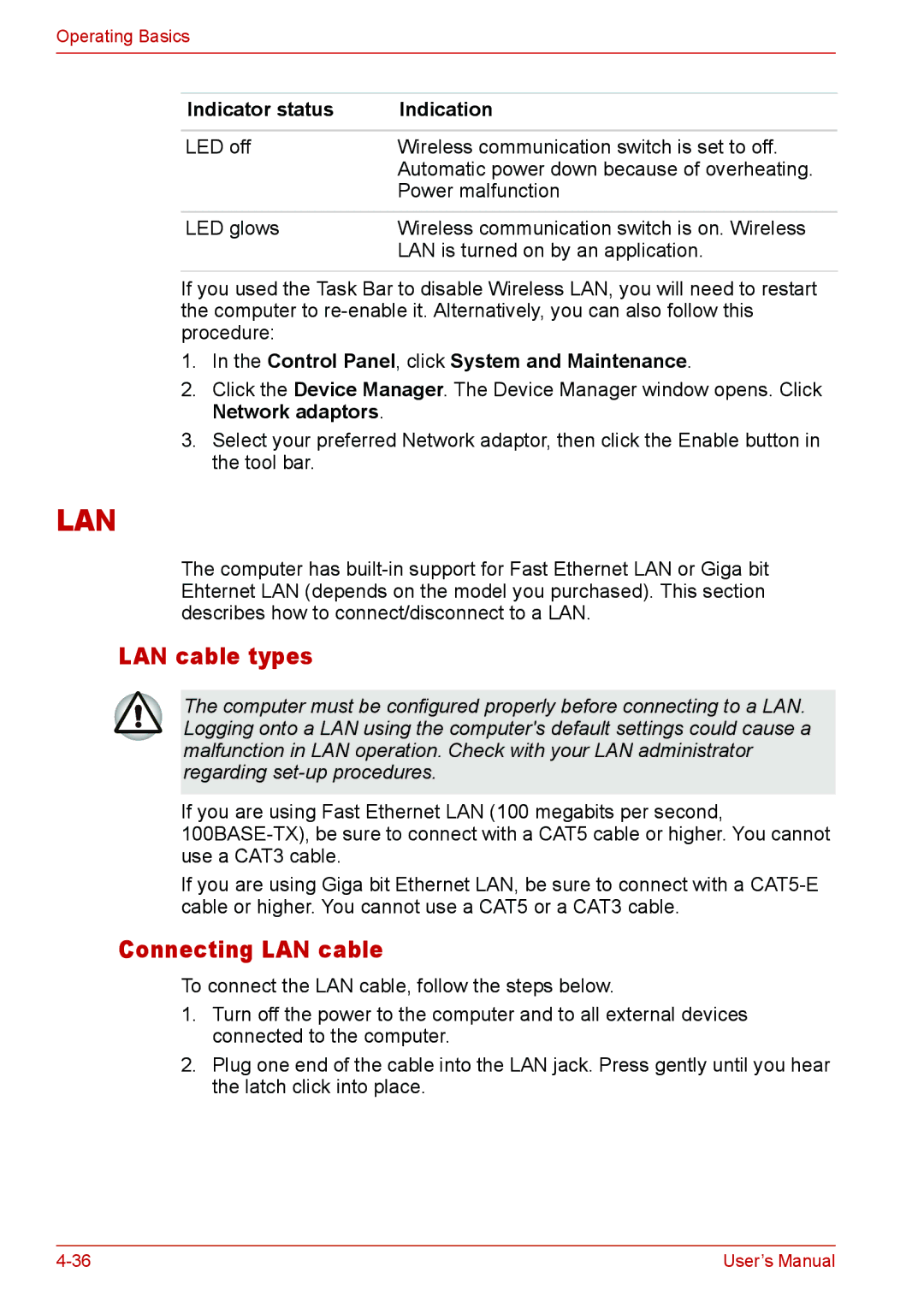 Toshiba U400 user manual LAN cable types, Connecting LAN cable, Indicator status Indication 