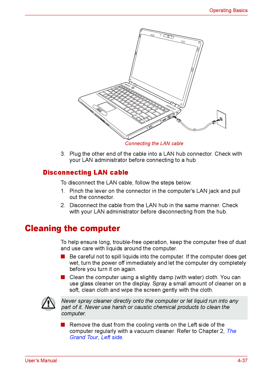 Toshiba U400 user manual Cleaning the computer, Disconnecting LAN cable 