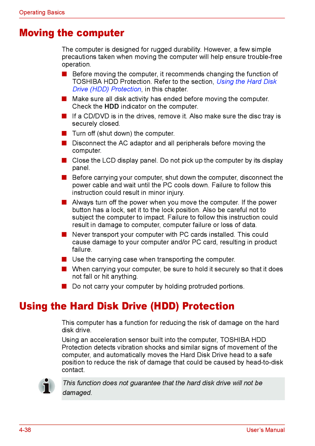 Toshiba U400 user manual Moving the computer, Using the Hard Disk Drive HDD Protection 