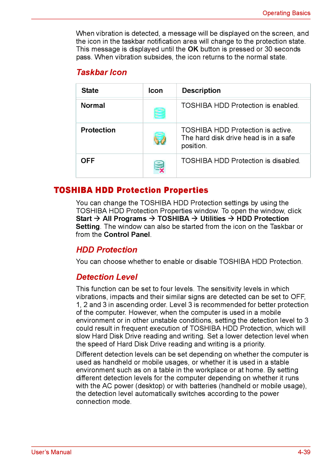 Toshiba U400 Toshiba HDD Protection Properties, Taskbar Icon, Detection Level, Toshiba HDD Protection is disabled 