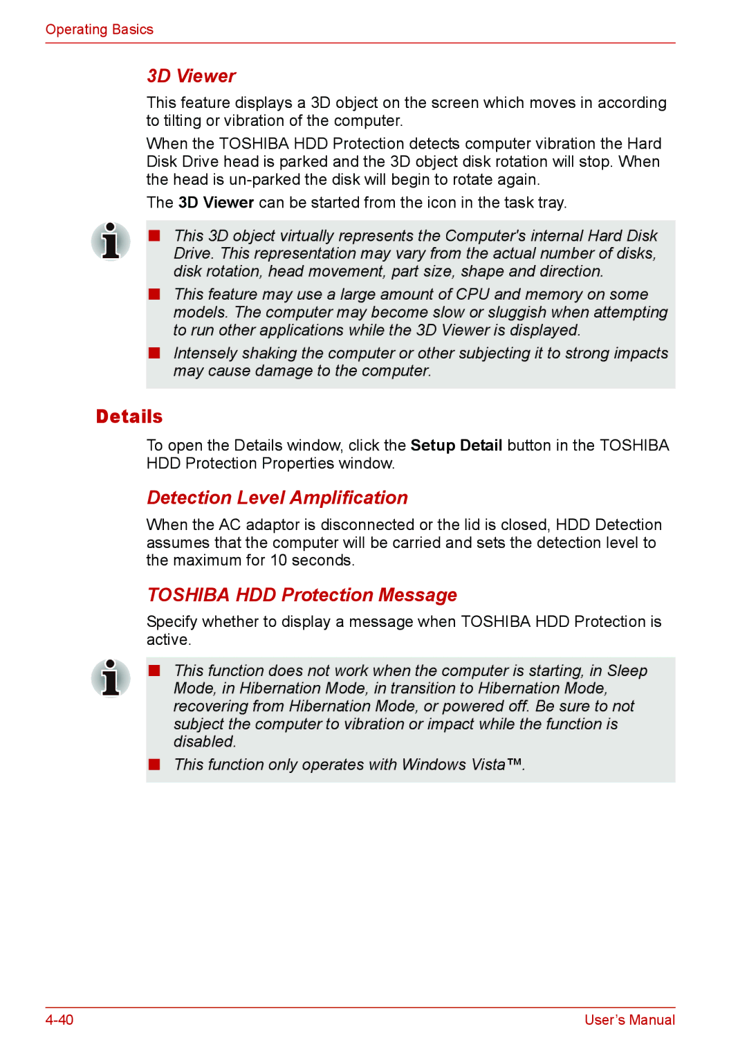 Toshiba U400 user manual Details, 3D Viewer, Detection Level Amplification, Toshiba HDD Protection Message 