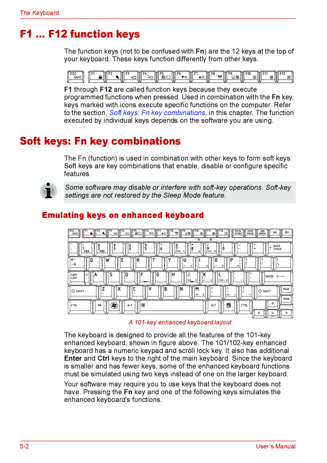 Toshiba U400 user manual F1 ... F12 function keys, Soft keys Fn key combinations, Emulating keys on enhanced keyboard 