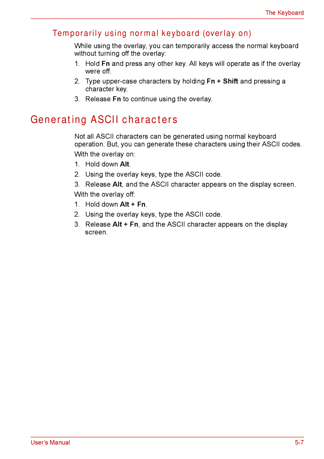 Toshiba U400 user manual Generating Ascii characters, Temporarily using normal keyboard overlay on 