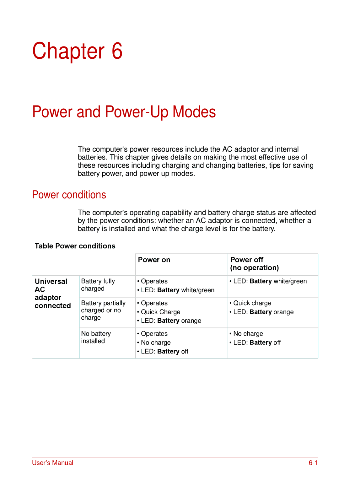 Toshiba U400 user manual Power and Power-Up Modes, Power conditions, Adaptor, Connected 