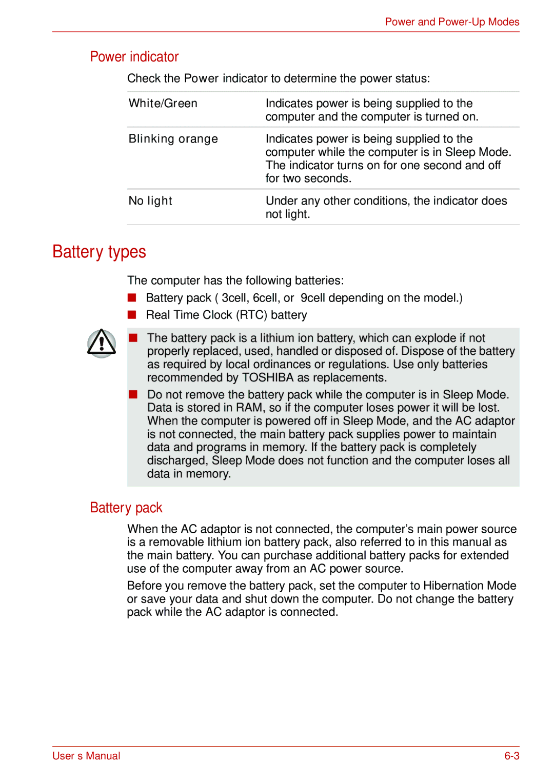 Toshiba U400 user manual Battery types, Power indicator, Battery pack, Blinking orange 