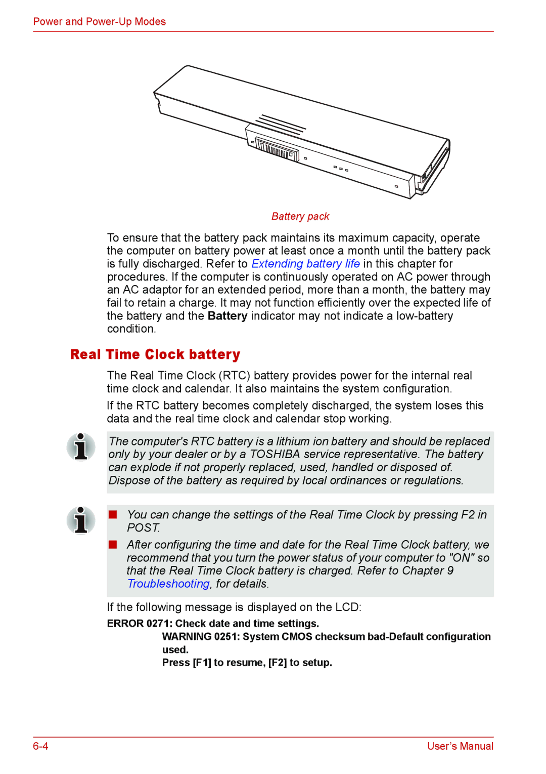 Toshiba U400 user manual Real Time Clock battery, If the following message is displayed on the LCD 