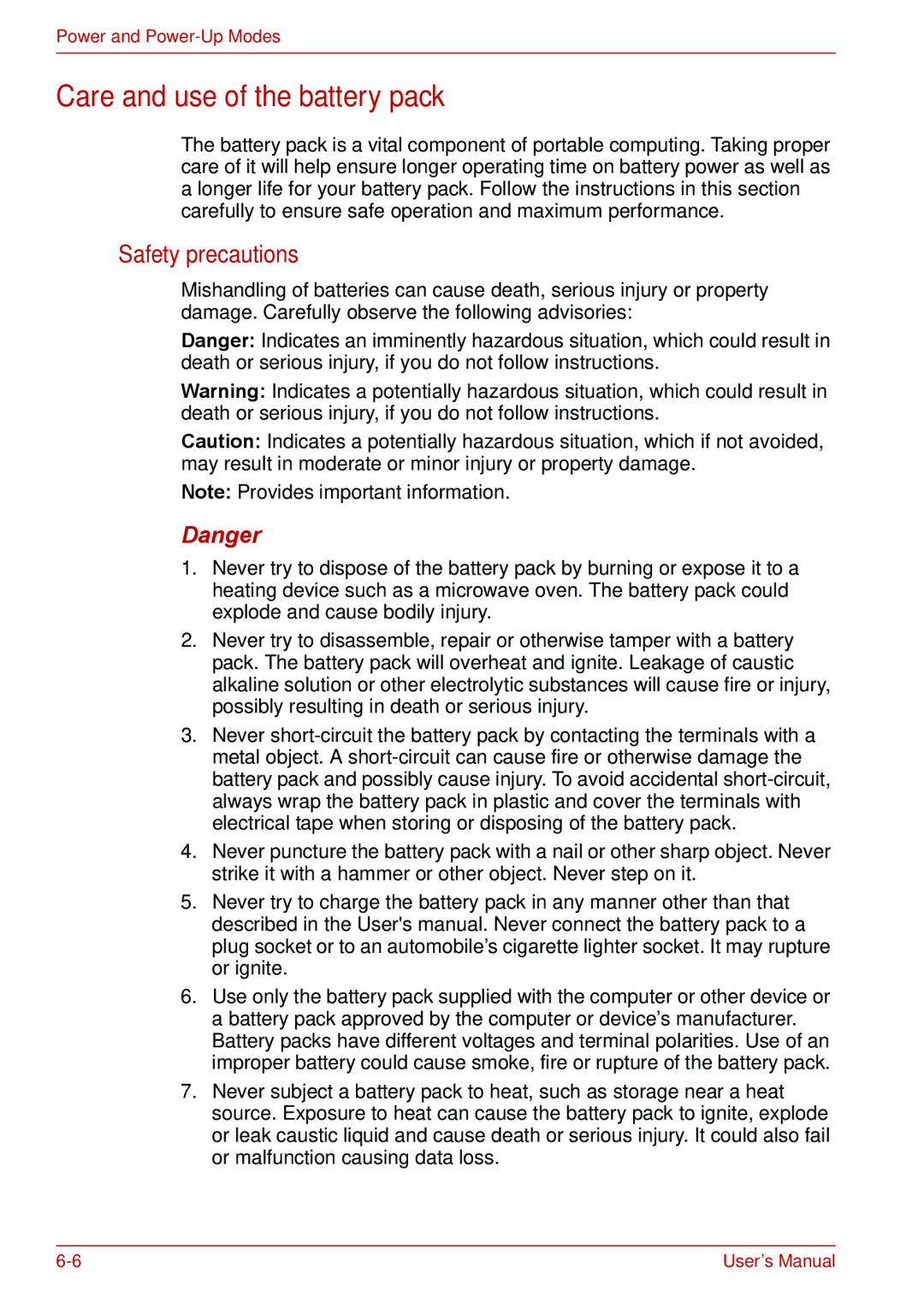 Toshiba U400 user manual Care and use of the battery pack, Safety precautions 