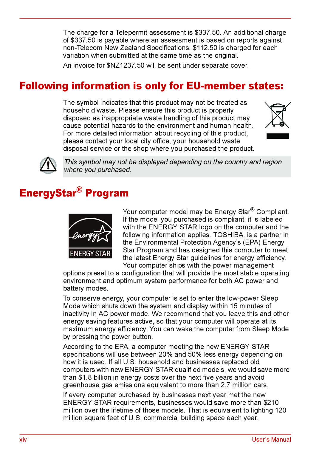 Toshiba U400 user manual Following information is only for EU-member states, EnergyStar Program 