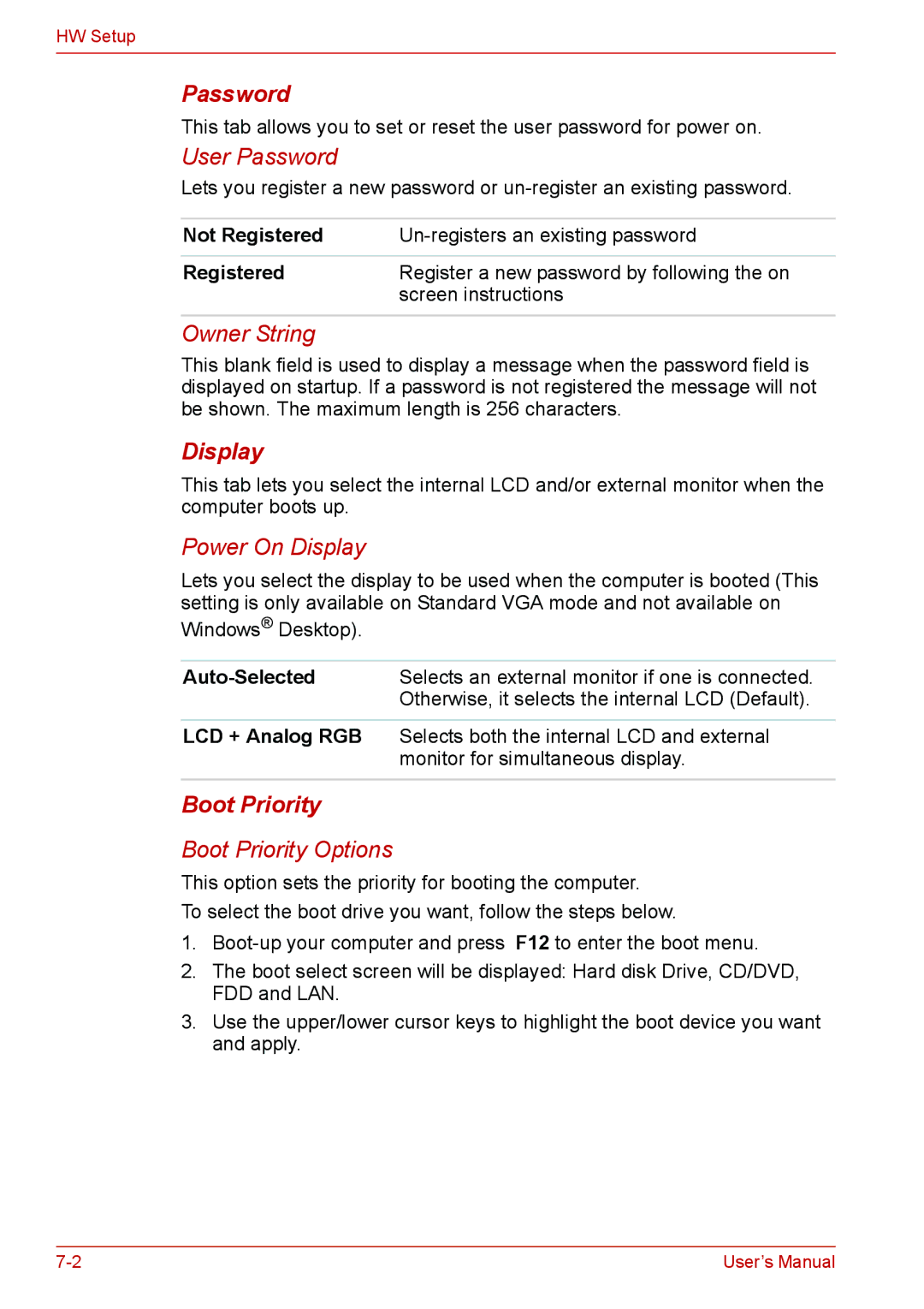 Toshiba U400 user manual Password, Boot Priority 