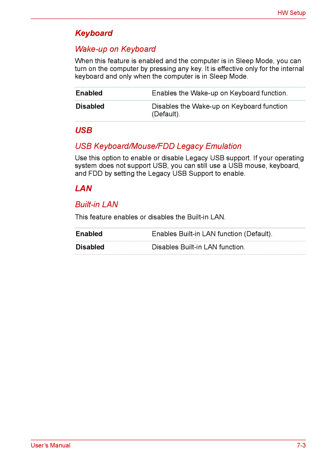 Toshiba U400 user manual Enabled, Disabled 