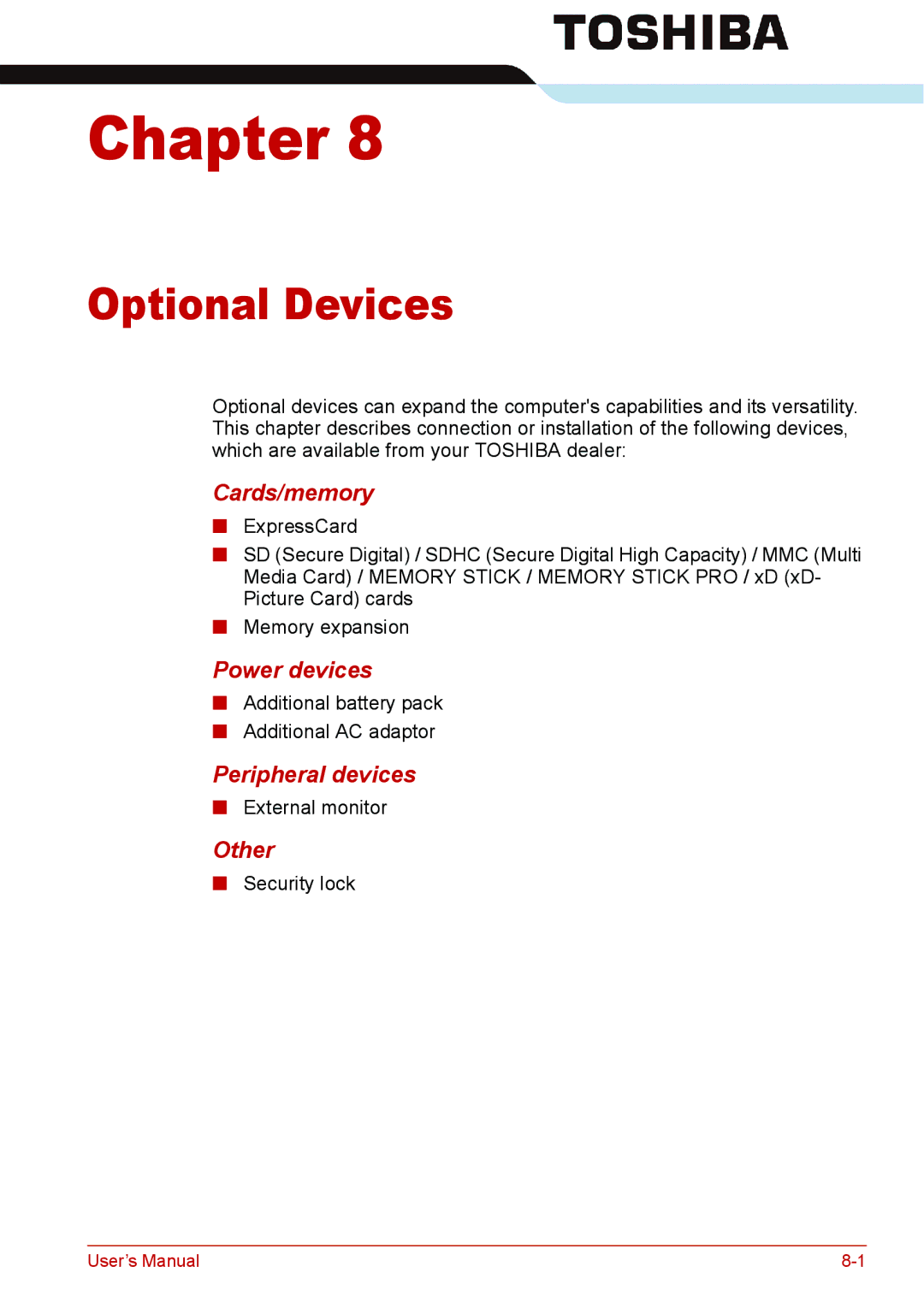 Toshiba U400 user manual Optional Devices, Cards/memory, Power devices, Peripheral devices, Other 