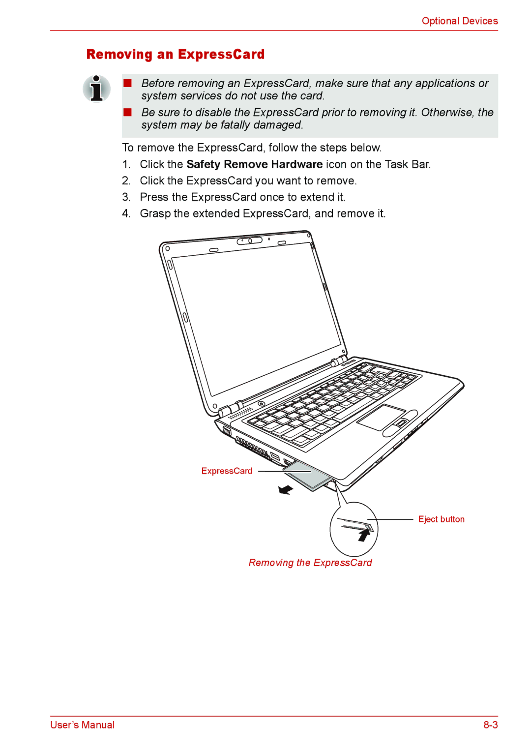 Toshiba U400 user manual Removing an ExpressCard 