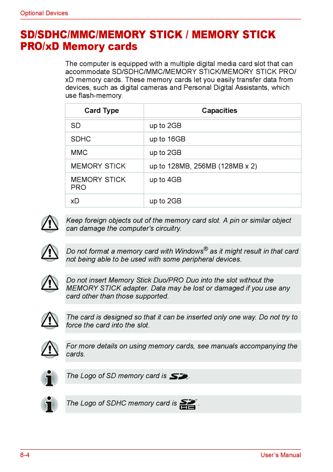 Toshiba U400 user manual SD/SDHC/MMC/MEMORY Stick / Memory Stick PRO/xD Memory cards, Card Type Capacities 