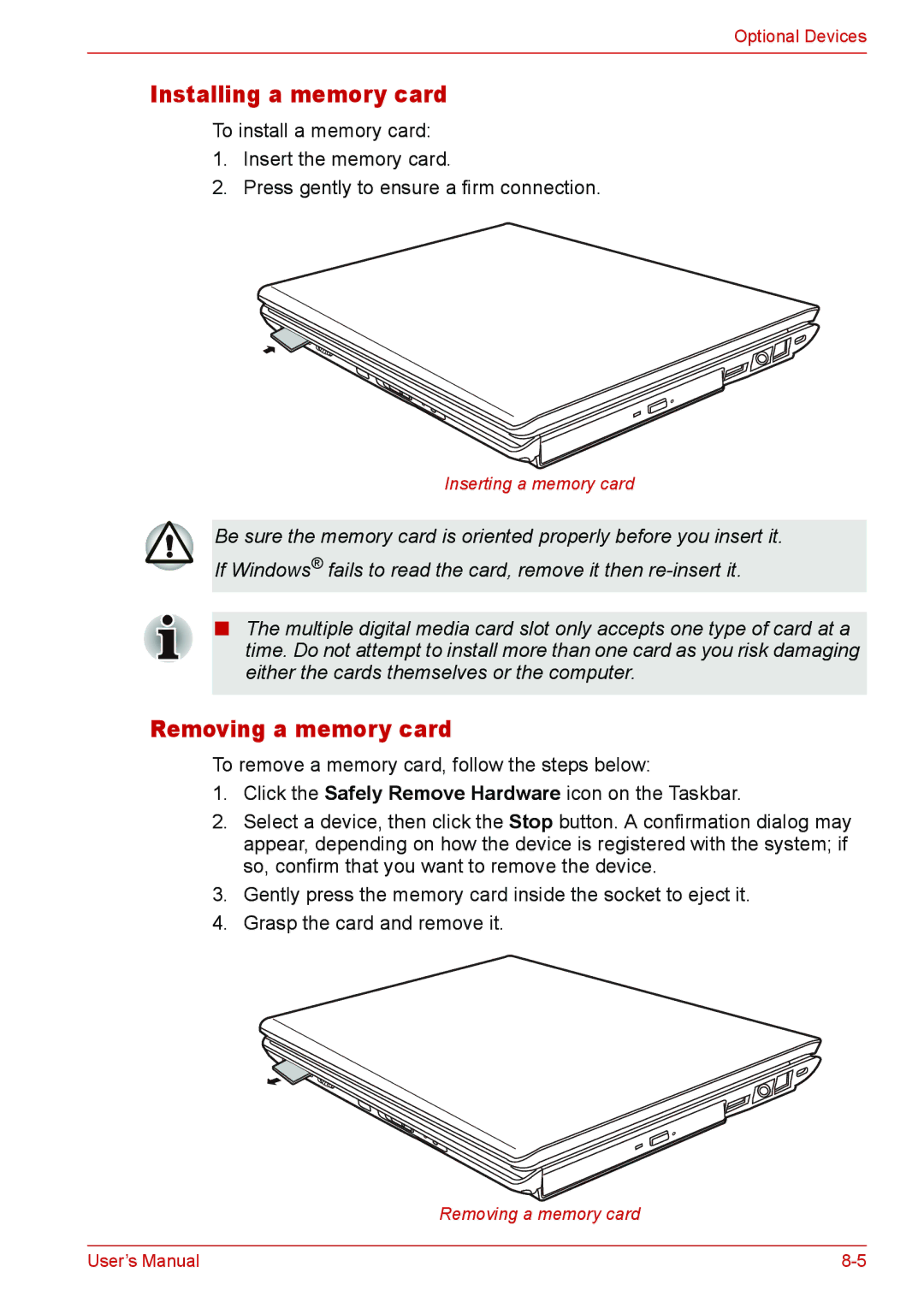 Toshiba U400 user manual Installing a memory card, Removing a memory card 