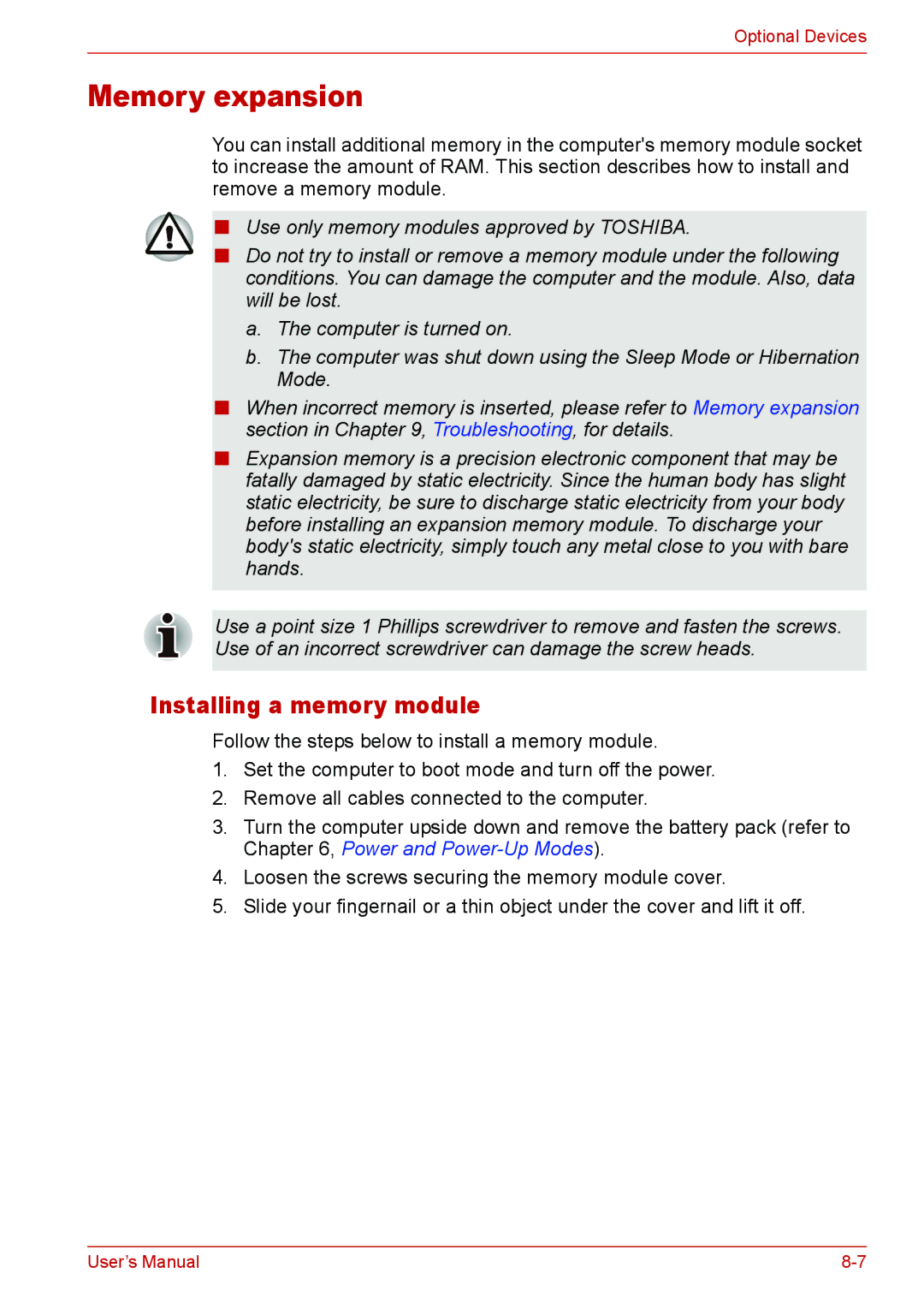 Toshiba U400 user manual Memory expansion, Installing a memory module 