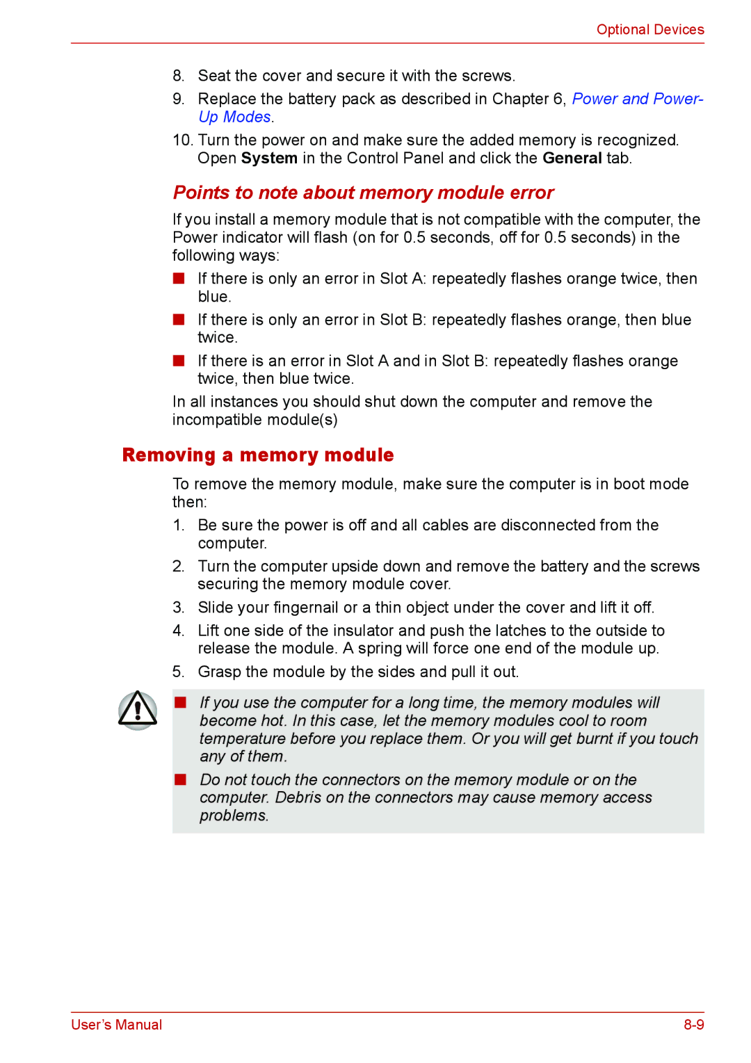 Toshiba U400 user manual Removing a memory module, Points to note about memory module error 