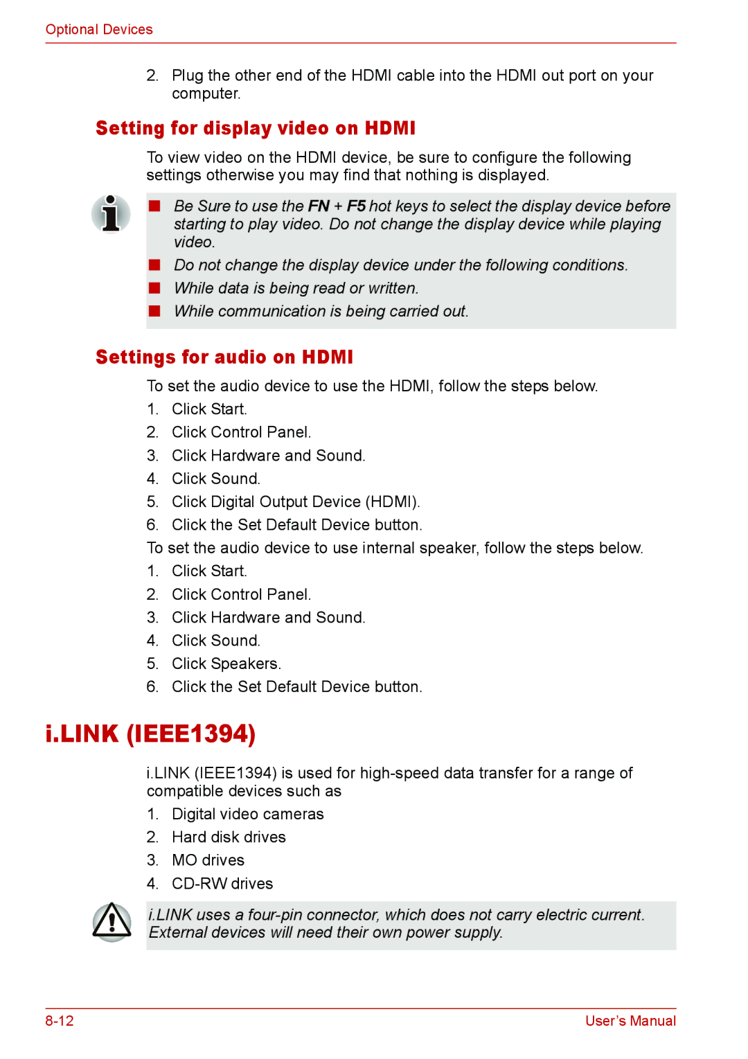 Toshiba U400 user manual Link IEEE1394, Setting for display video on Hdmi, Settings for audio on Hdmi 