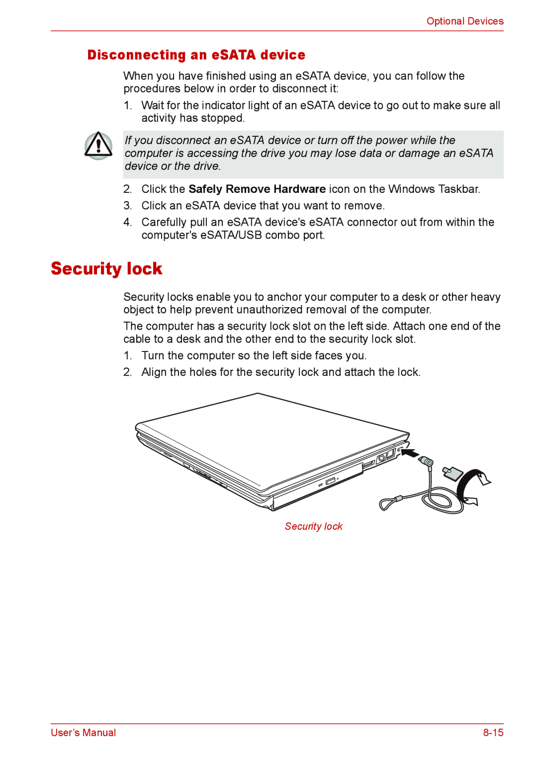 Toshiba U400 user manual Security lock, Disconnecting an eSATA device 