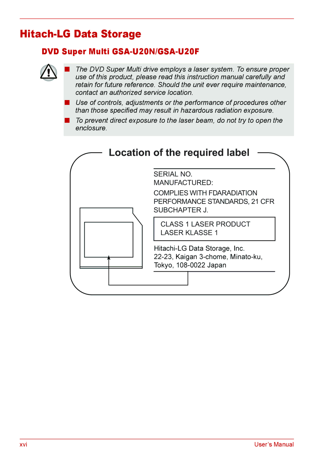 Toshiba U400 user manual Hitach-LG Data Storage, DVD Super Multi GSA-U20N/GSA-U20F 