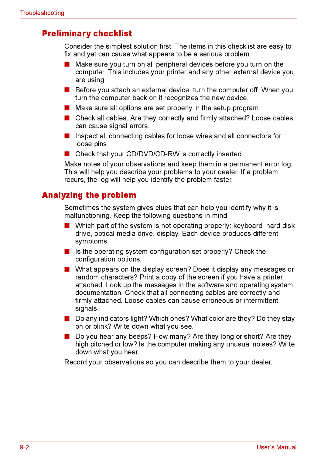 Toshiba U400 user manual Preliminary checklist, Analyzing the problem 