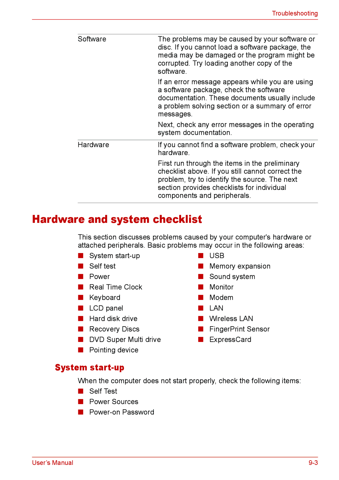 Toshiba U400 user manual Hardware and system checklist, System start-up 