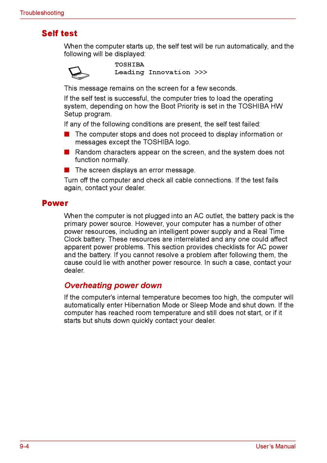 Toshiba U400 user manual Self test, Power, Overheating power down 