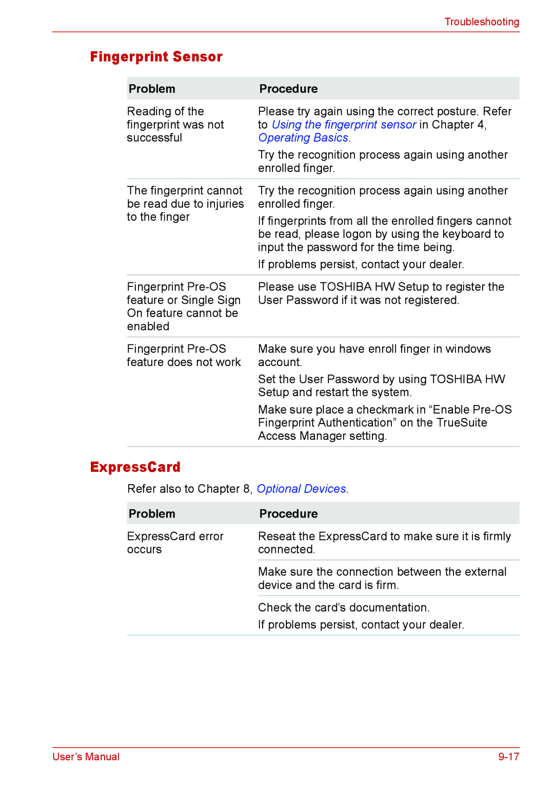 Toshiba U400 user manual Fingerprint Sensor, ExpressCard 