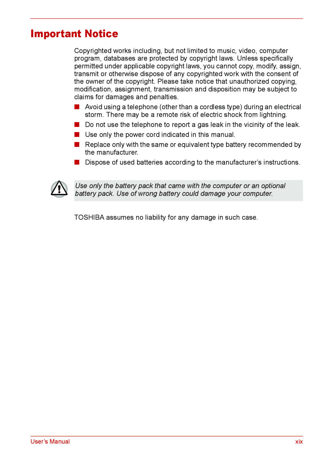 Toshiba U400 user manual Important Notice 