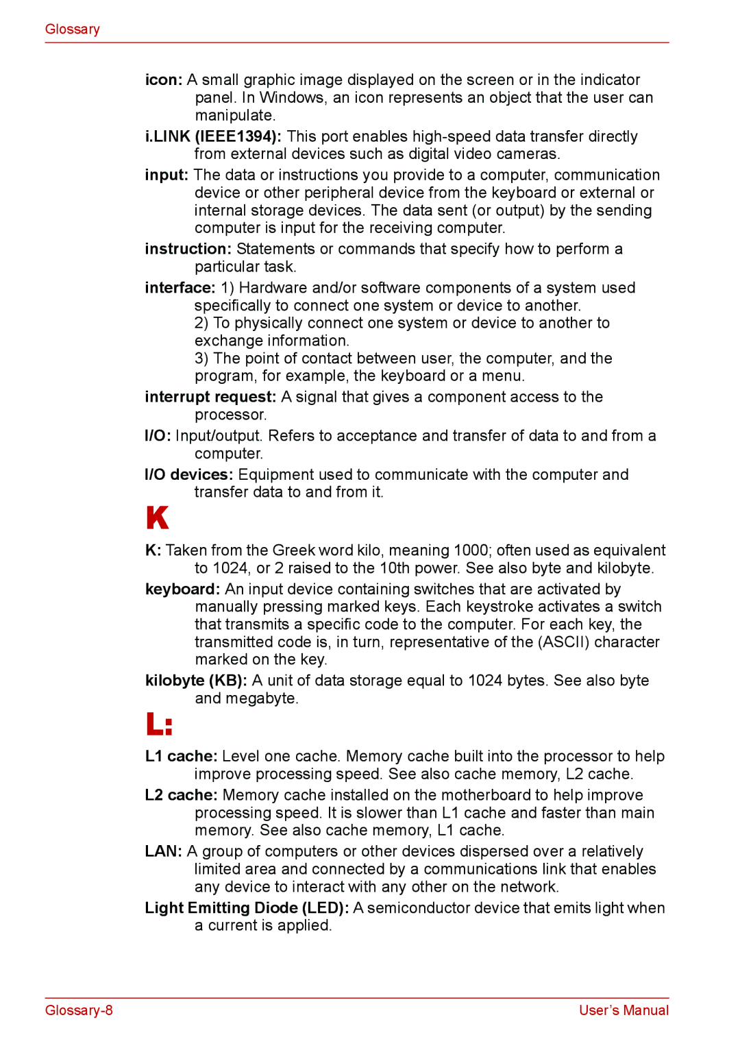 Toshiba U400 user manual Glossary-8 User’s Manual 