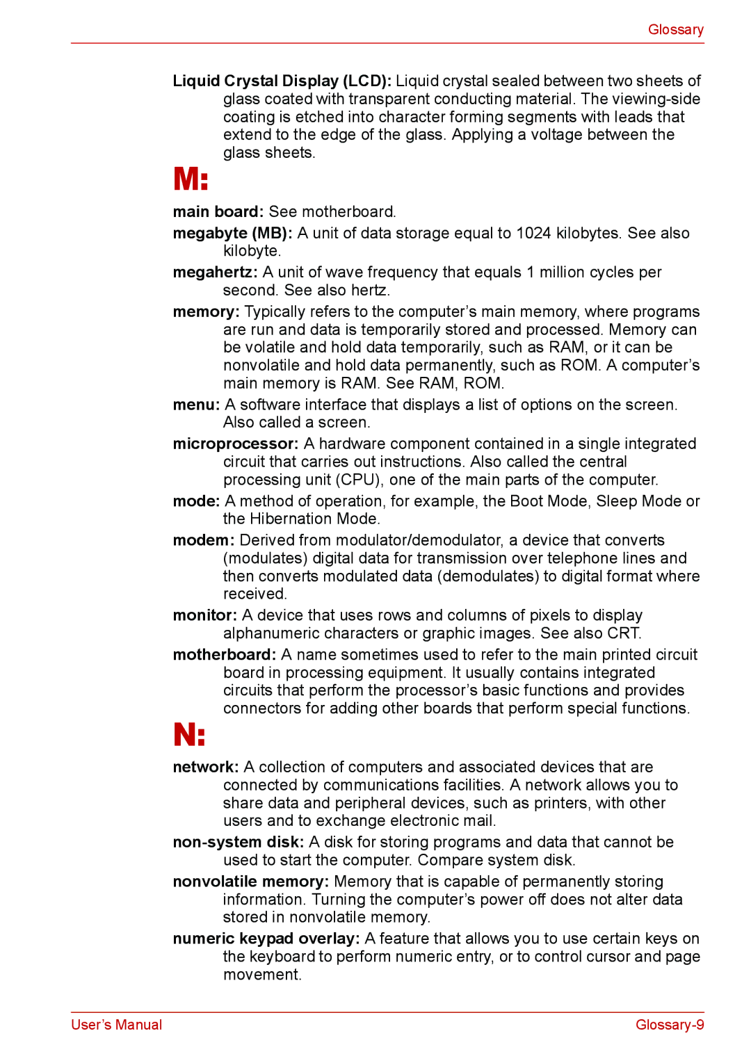 Toshiba U400 user manual Glossary-9 