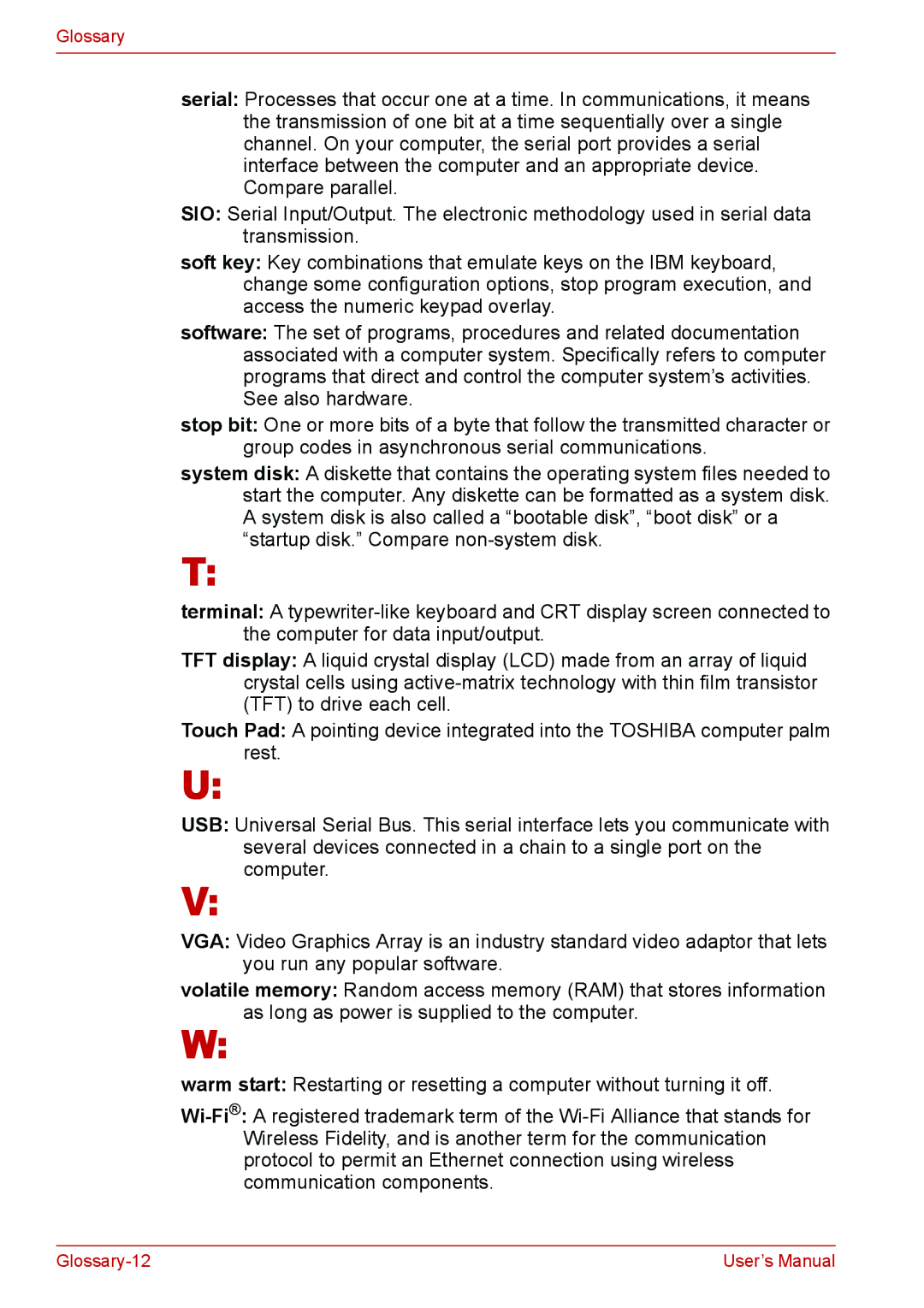 Toshiba U400 user manual Glossary-12 User’s Manual 