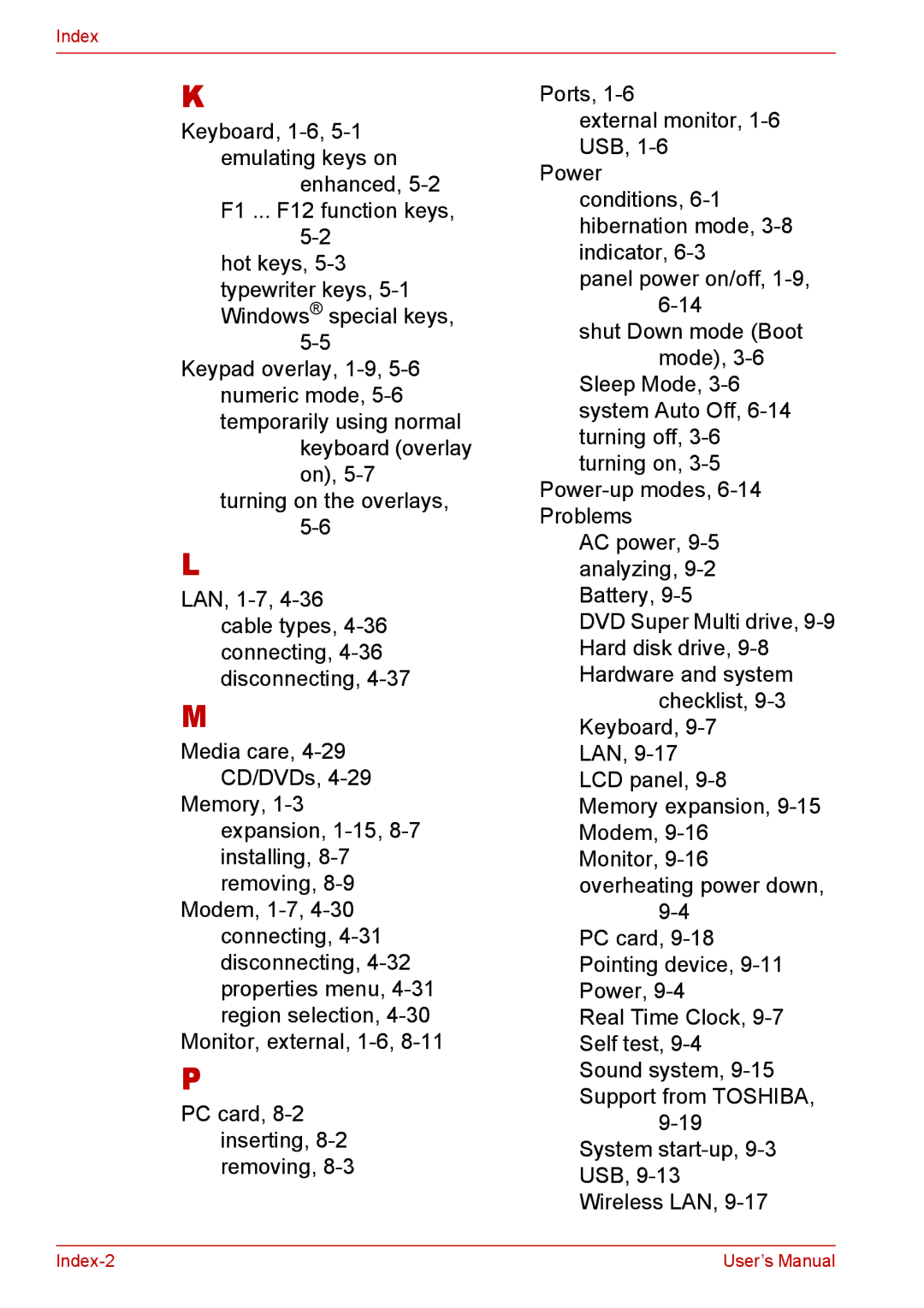 Toshiba U400 user manual Index 