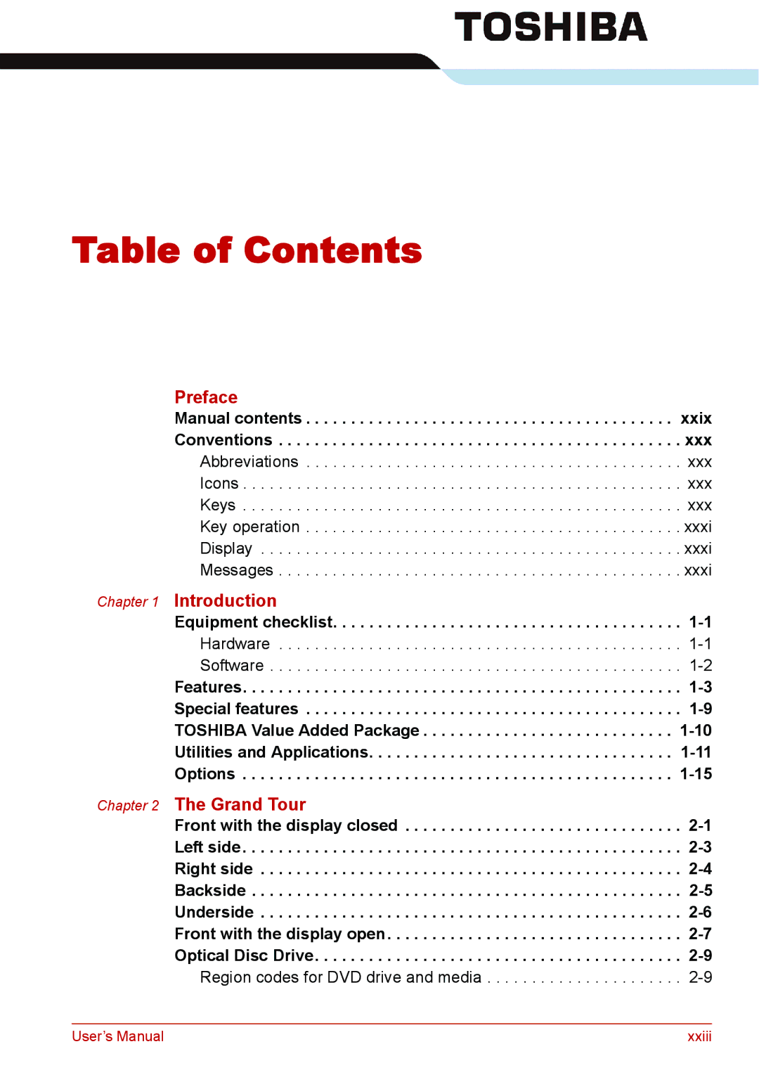 Toshiba U400 user manual Table of Contents 