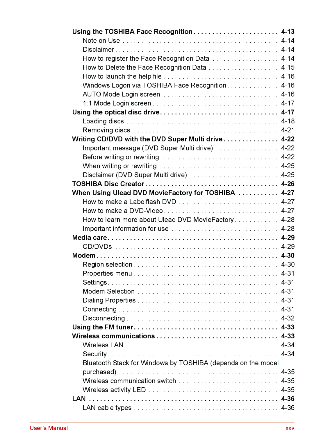 Toshiba U400 user manual Modem, Lan 