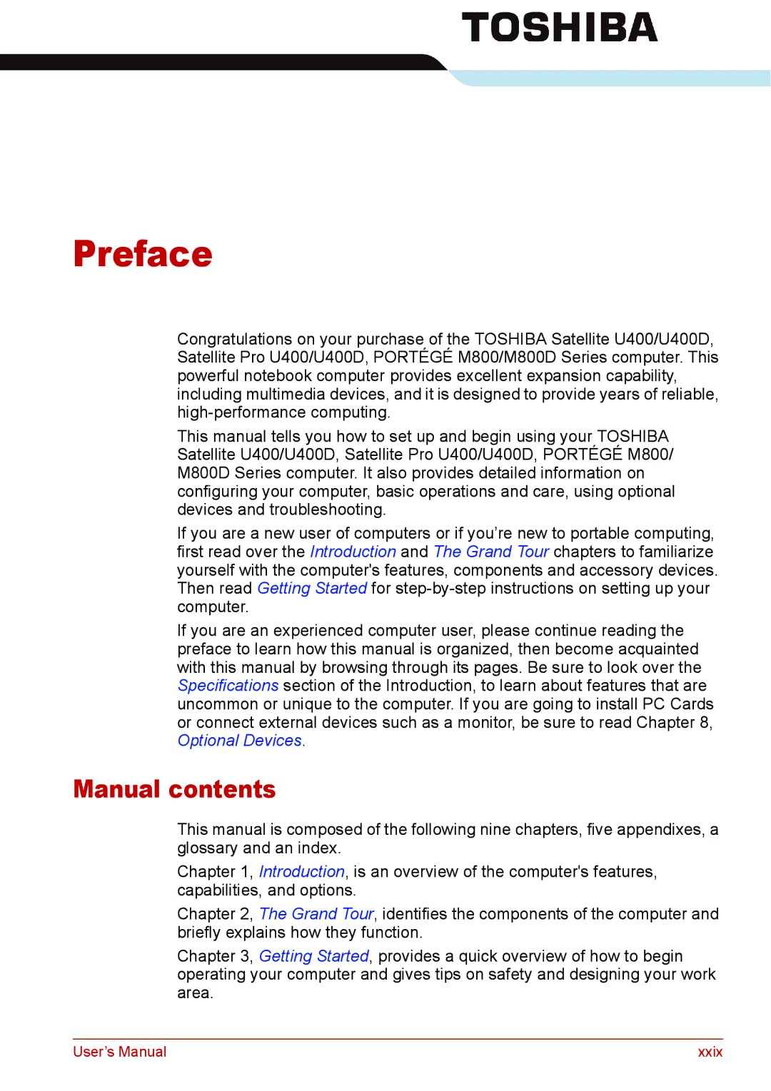 Toshiba U400 user manual Preface, Manual contents 