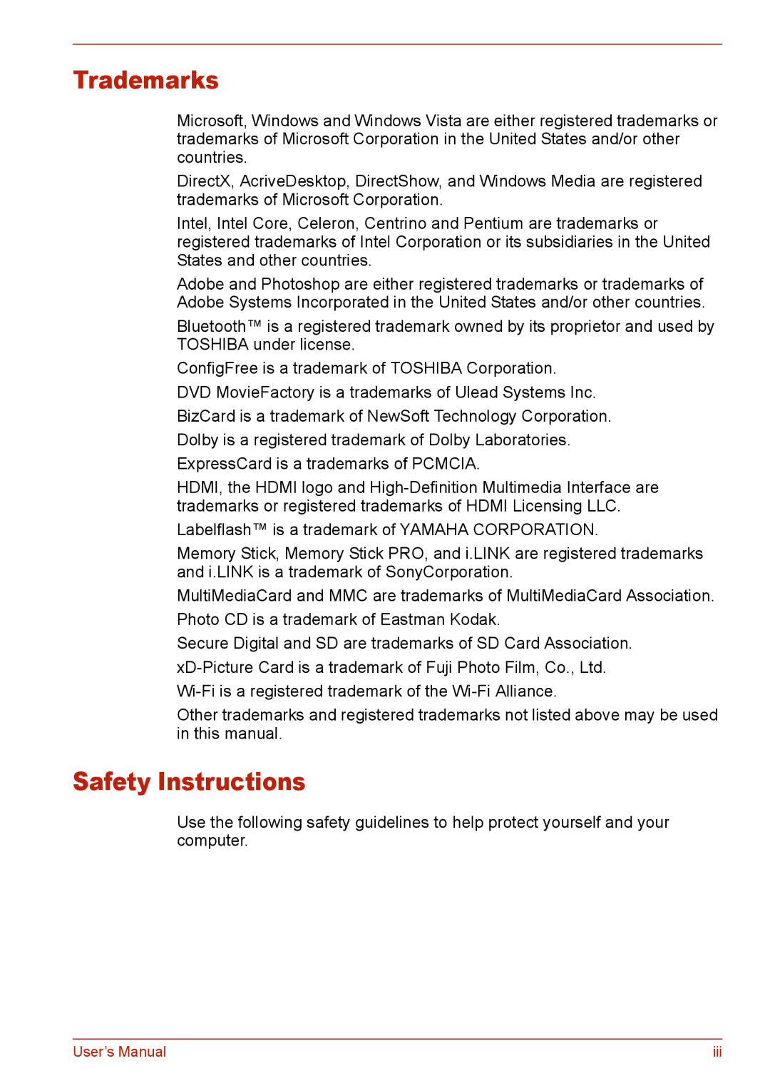 Toshiba U400 user manual Trademarks, Safety Instructions 