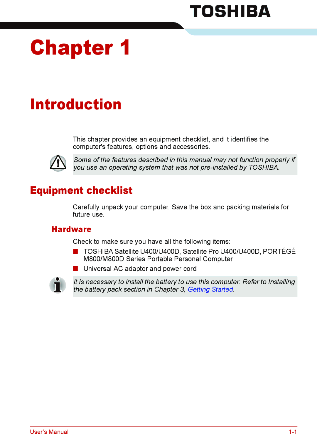 Toshiba U400 user manual Introduction, Equipment checklist, Hardware 