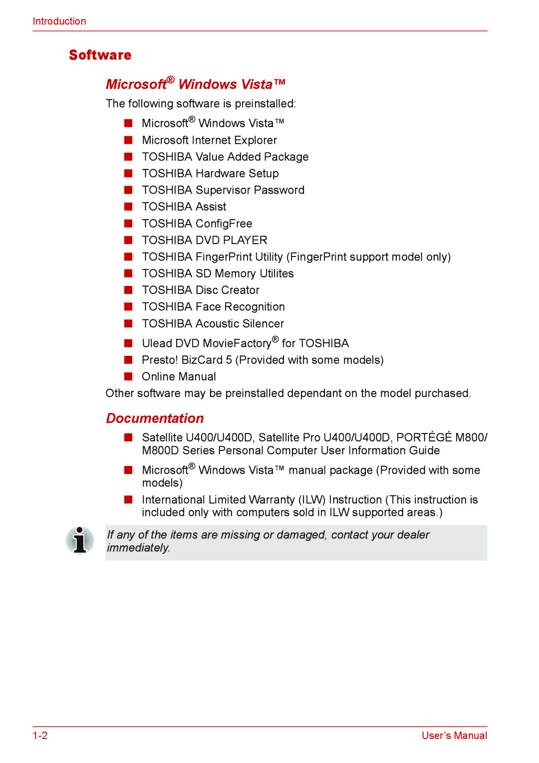 Toshiba U400 user manual Software, Microsoft Windows Vista, Documentation 