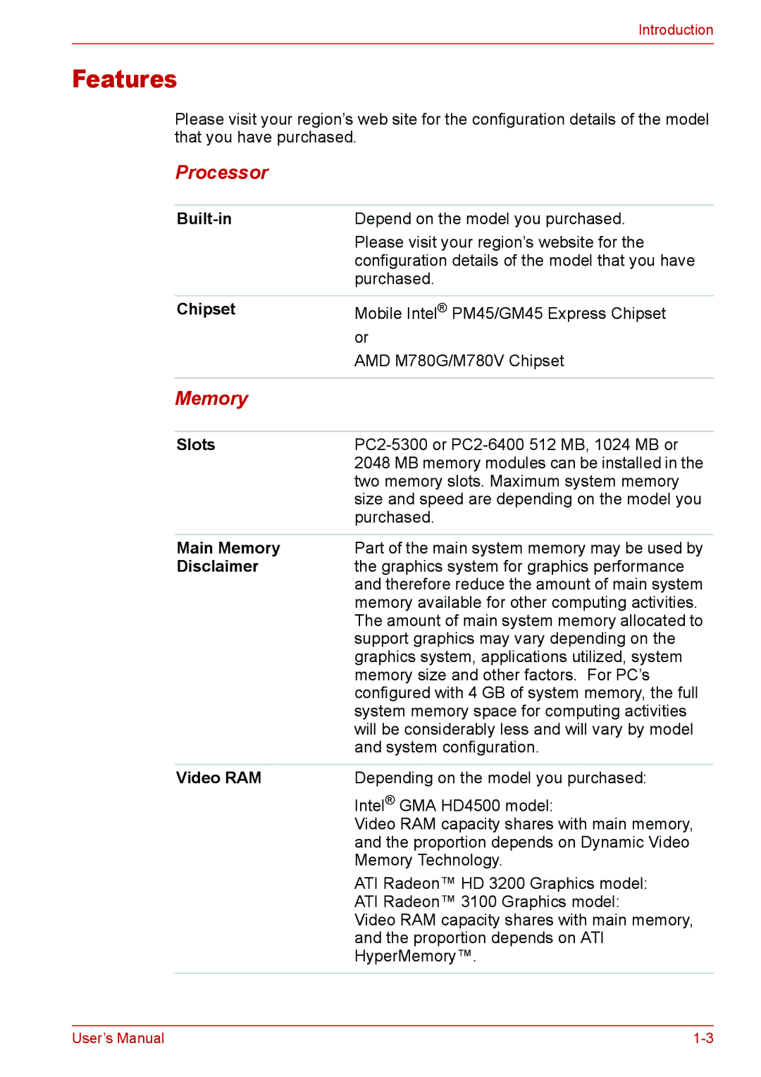 Toshiba U400 user manual Features, Processor, Memory 