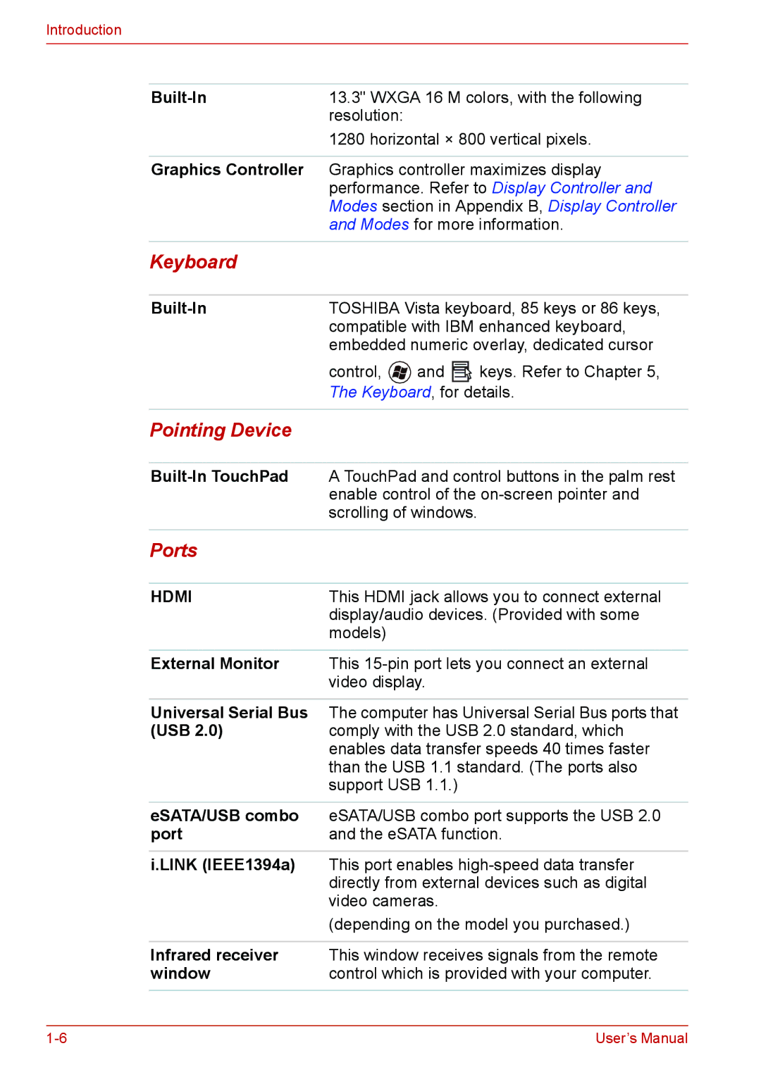 Toshiba U400 user manual Keyboard, Pointing Device, Ports 