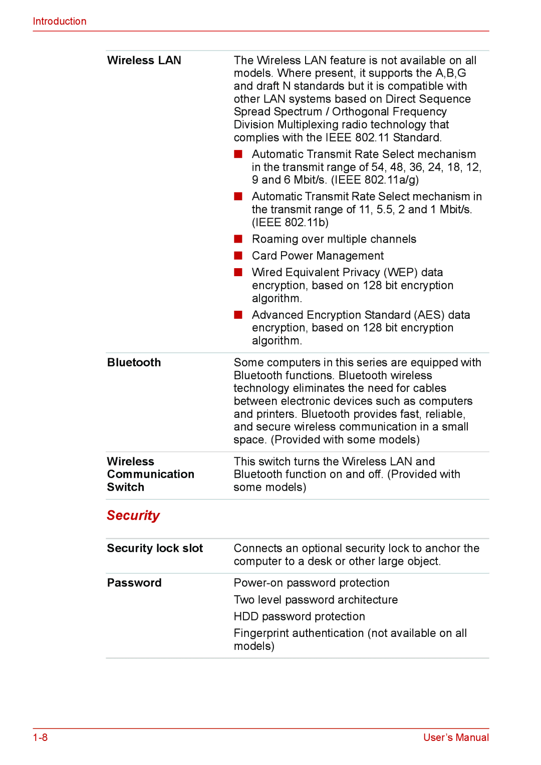 Toshiba U400 user manual Security 