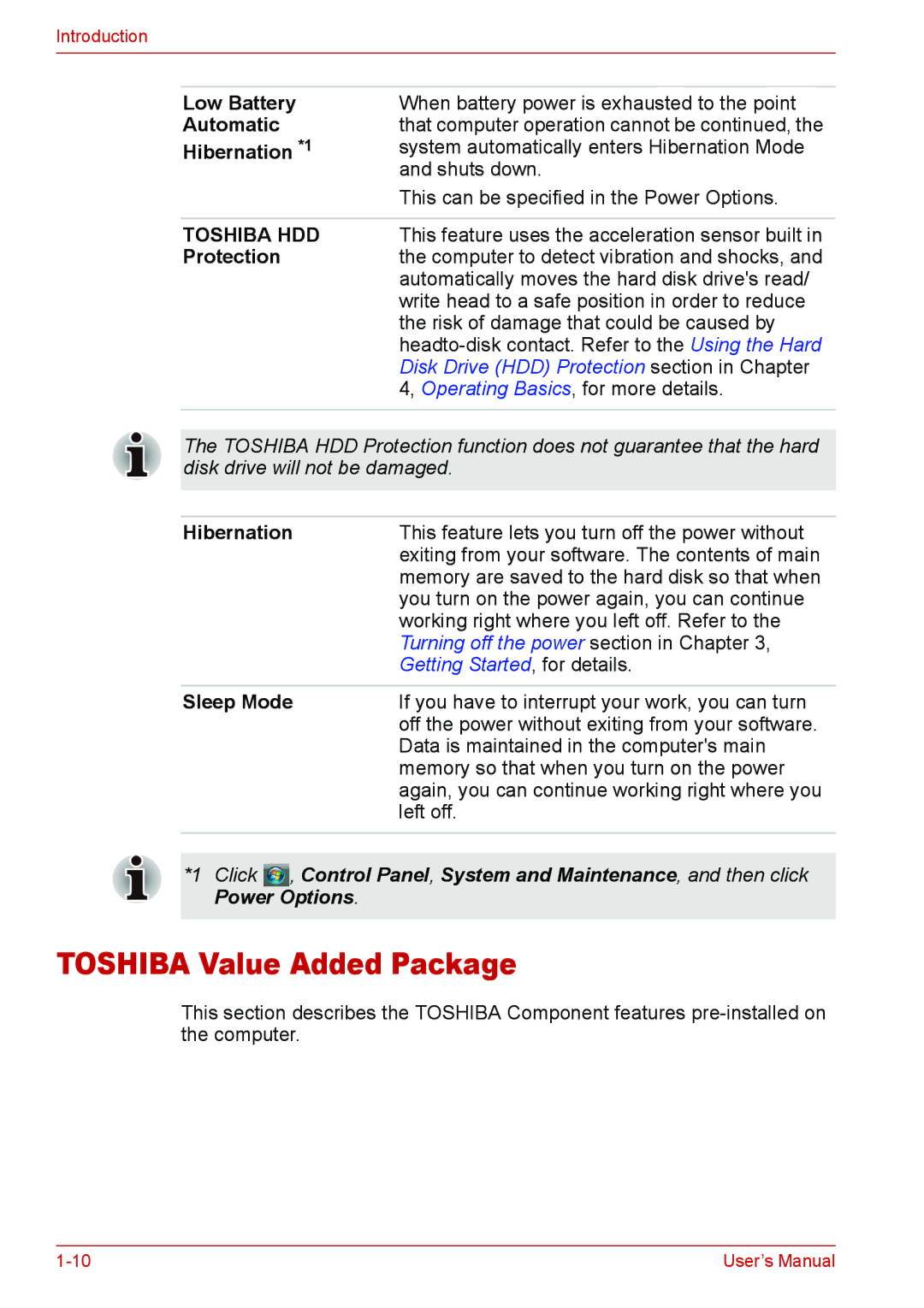 Toshiba U400 user manual Toshiba Value Added Package, Low Battery, Automatic, Protection, Hibernation 