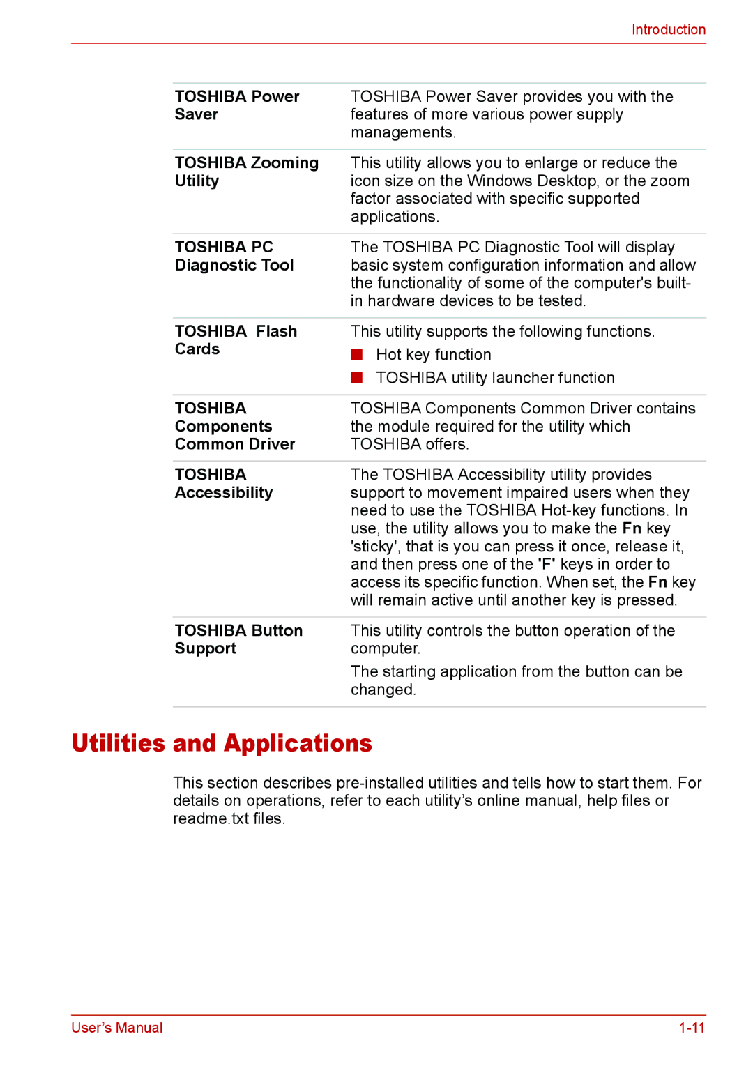 Toshiba U400 user manual Utilities and Applications 