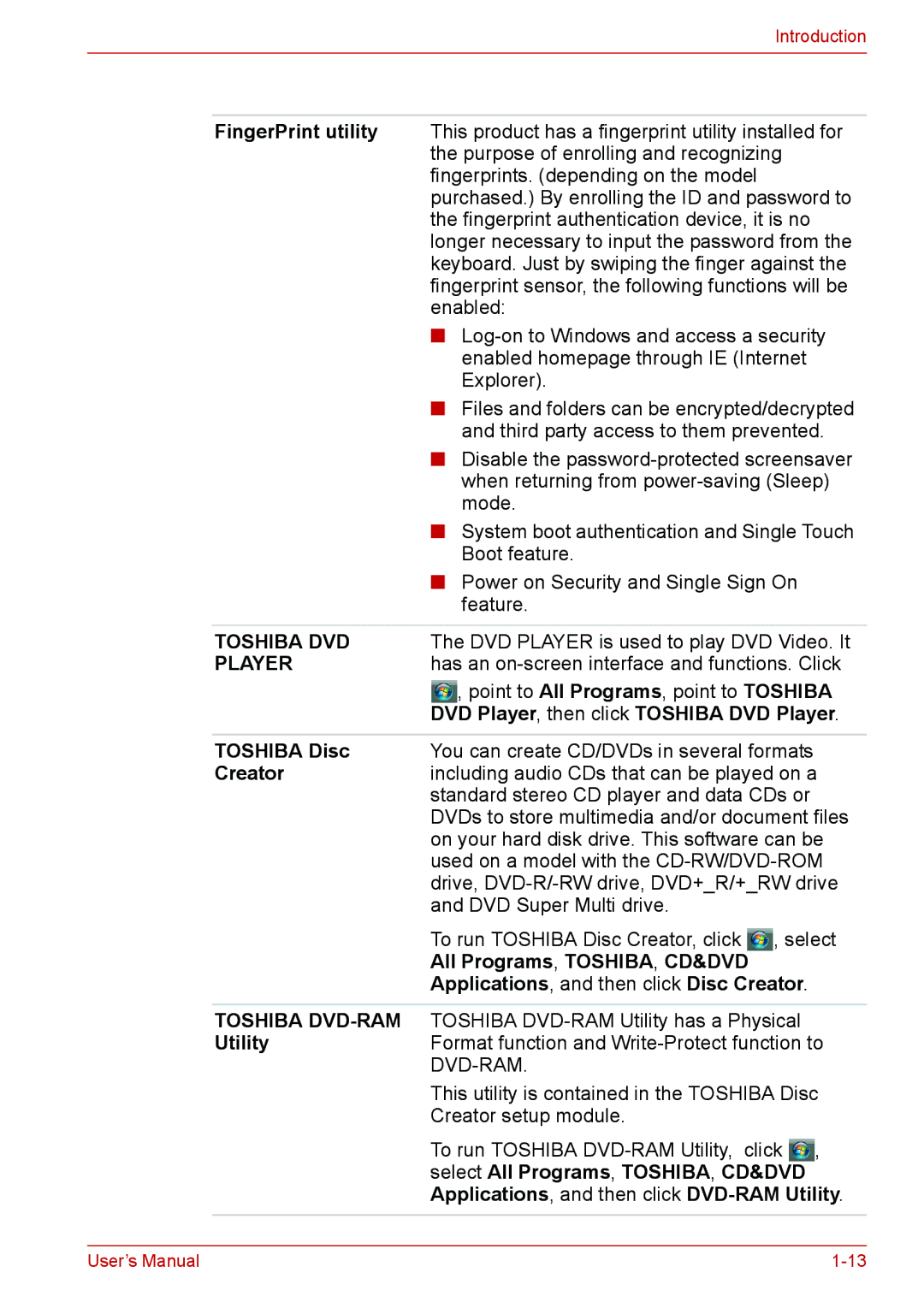 Toshiba U400 user manual FingerPrint utility, DVD Player, then click Toshiba DVD Player, Toshiba Disc, Creator 