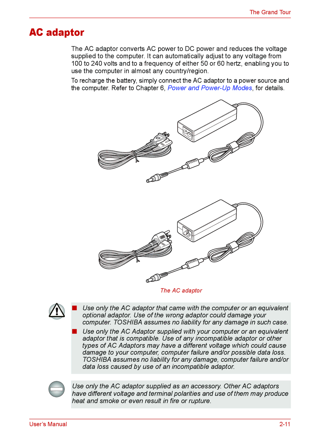 Toshiba U400 user manual AC adaptor 