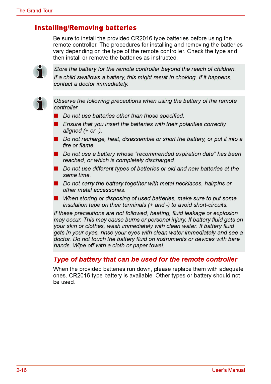 Toshiba U400 user manual Installing/Removing batteries, Type of battery that can be used for the remote controller 